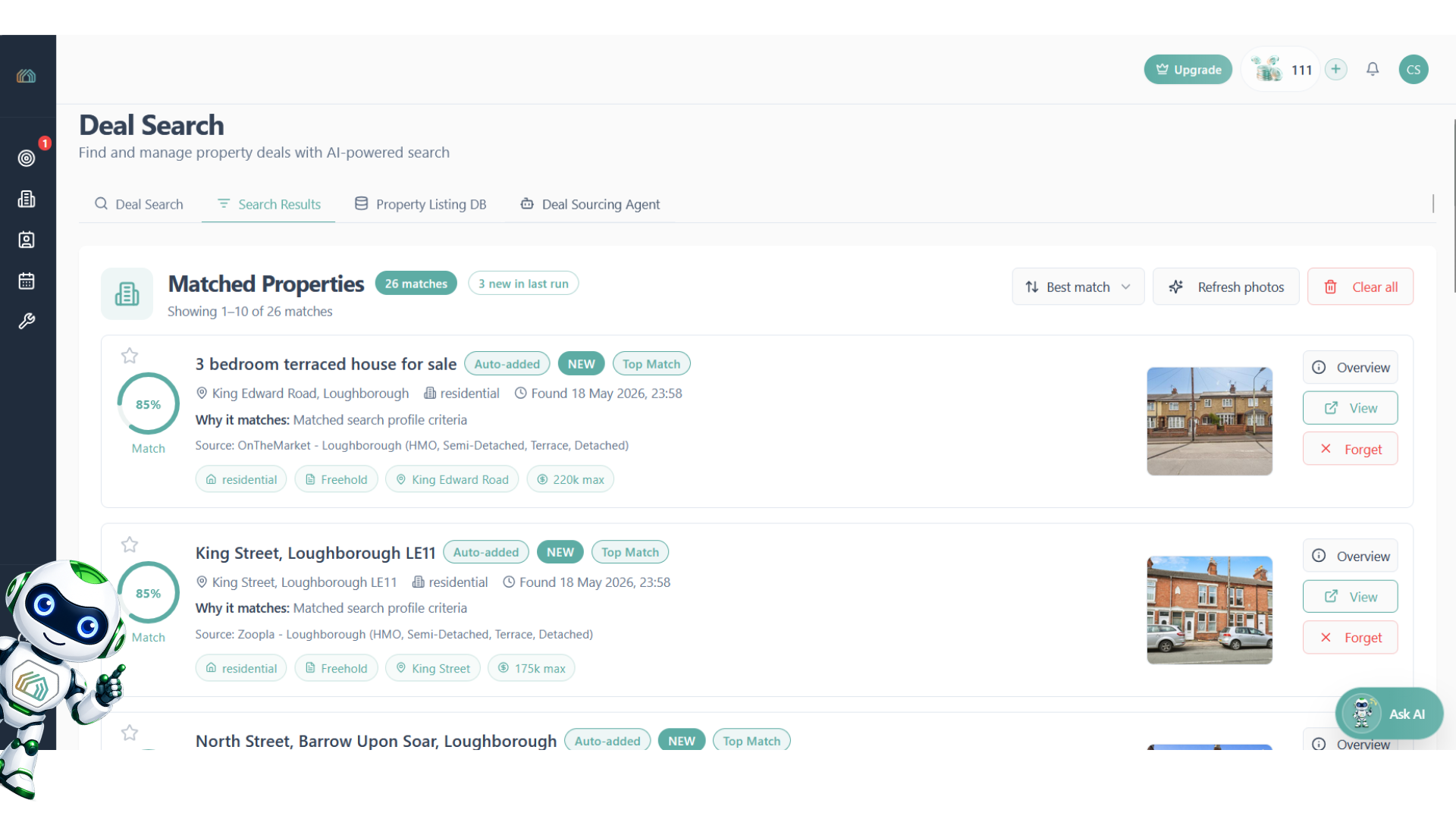 Awaybase Deal Sourcing &mdash; matched properties ranked by match score